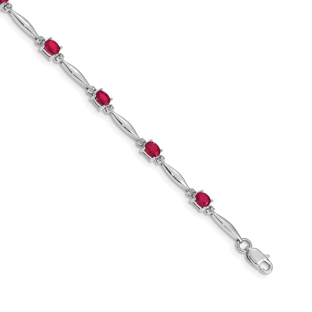 14k White Gold Diamond and Red Ruby (July Birthstone) Bracelet, 7.25" Length